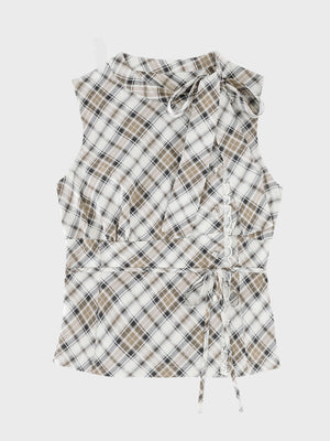Ribbon check sleeveless tops(eme11112)