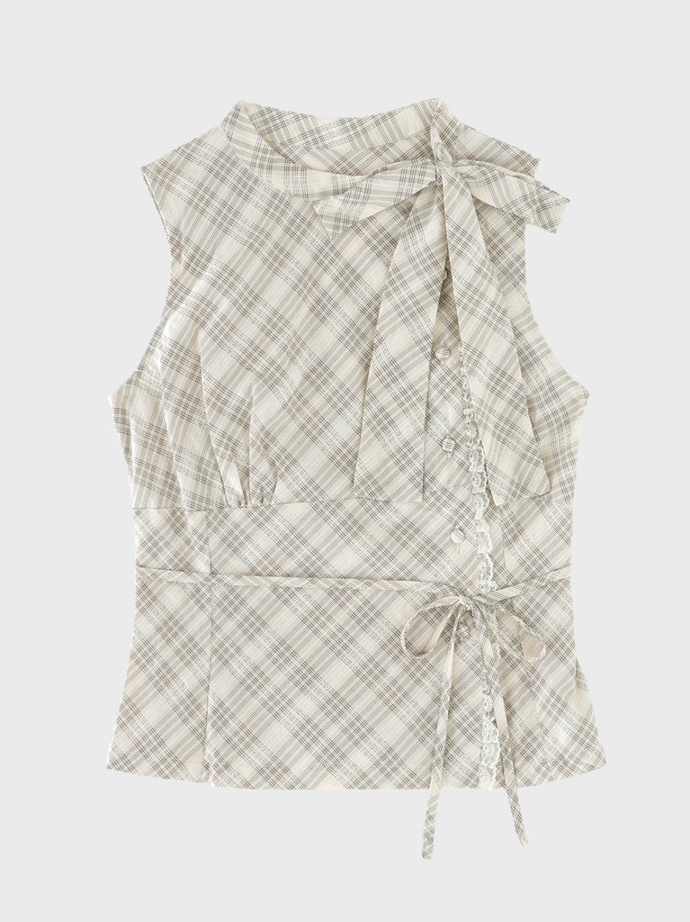 Ribbon check sleeveless tops(eme11112)