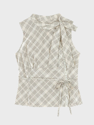 Ribbon check sleeveless tops(eme11112)