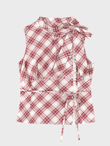 Ribbon check sleeveless tops(eme11112)