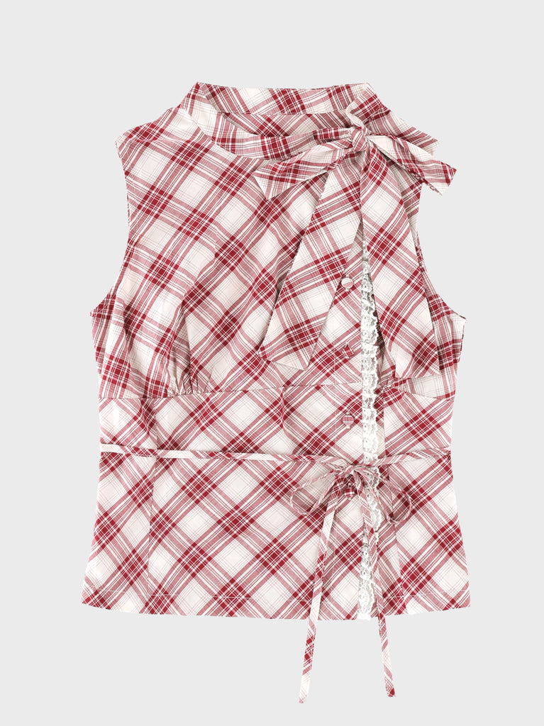 Ribbon check sleeveless tops(eme11112)