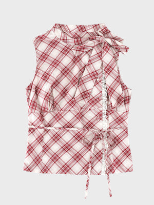 Ribbon check sleeveless tops(eme11112)