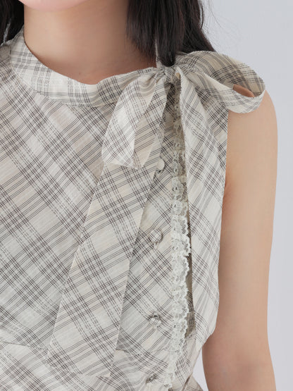Ribbon check sleeveless tops(eme11112)