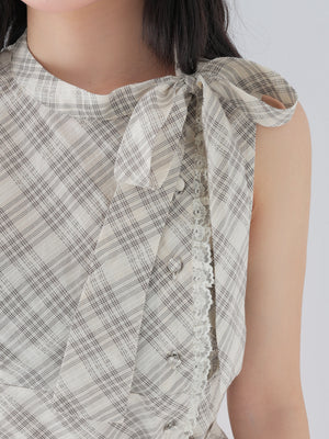 Ribbon check sleeveless tops(eme11112)