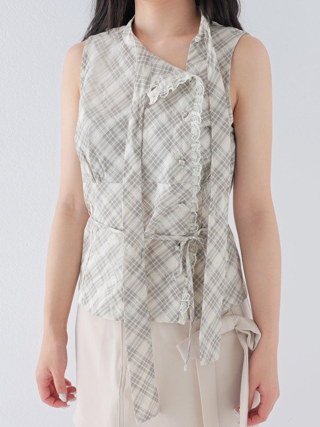 Ribbon check sleeveless tops(eme11112) – M me eme
