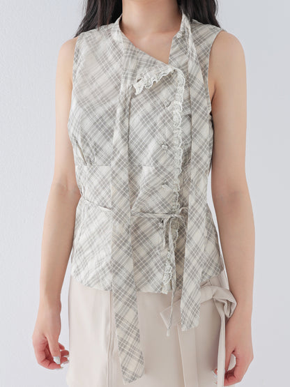 Ribbon check sleeveless tops(eme11112)