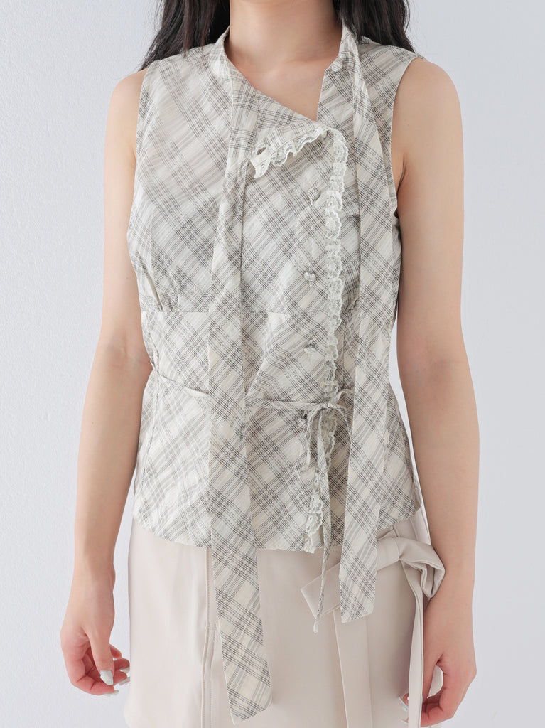 Ribbon check sleeveless tops(eme11112)