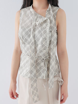 Ribbon check sleeveless tops(eme11112)
