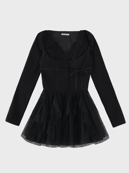 Lace rib tulle docking mini onepiece(eme11116)
