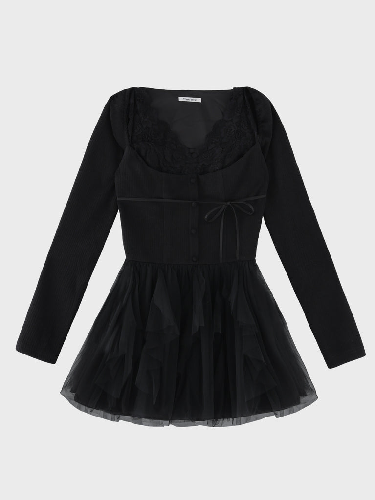 Lace rib tulle docking mini onepiece(eme11116)