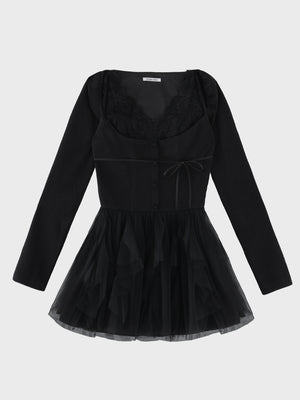 Lace rib tulle docking mini onepiece(eme11116)