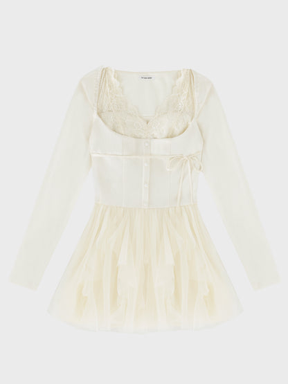 Lace rib tulle docking mini onepiece(eme11116)