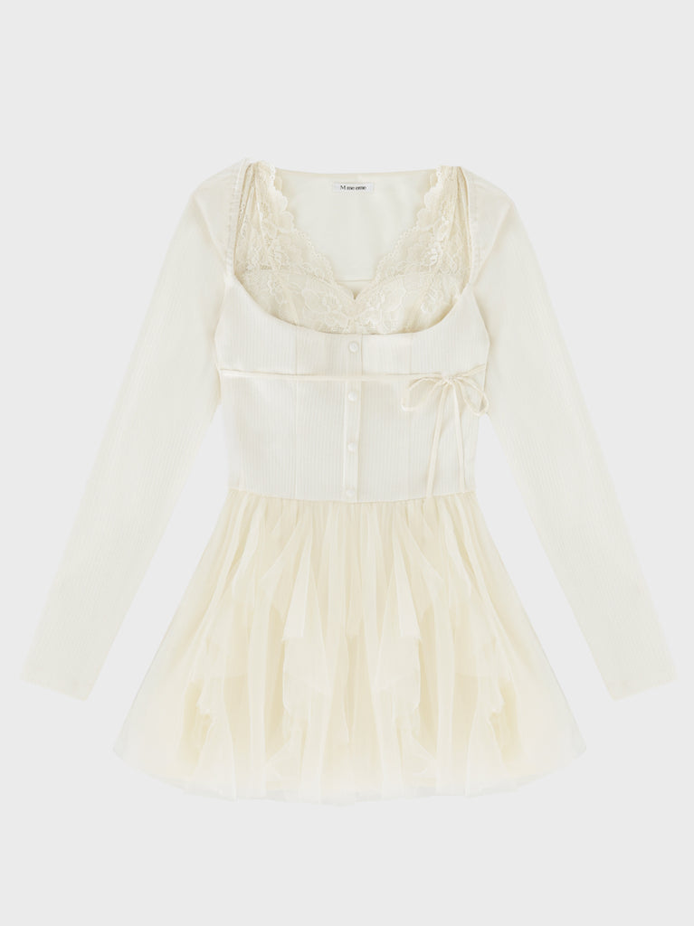 Lace rib tulle docking mini onepiece(eme11116)