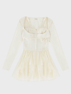 Lace rib tulle docking mini onepiece(eme11116)