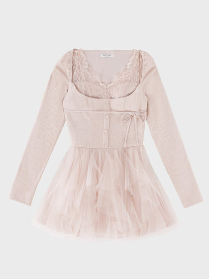 Lace rib tulle docking mini onepiece(eme11116)