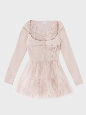 Lace rib tulle docking mini onepiece(eme11116)