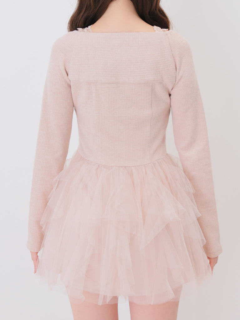 Lace rib tulle docking mini onepiece(eme11116)