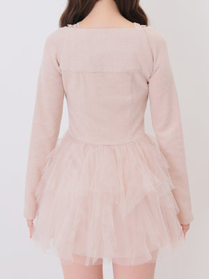 Lace rib tulle docking mini onepiece(eme11116)