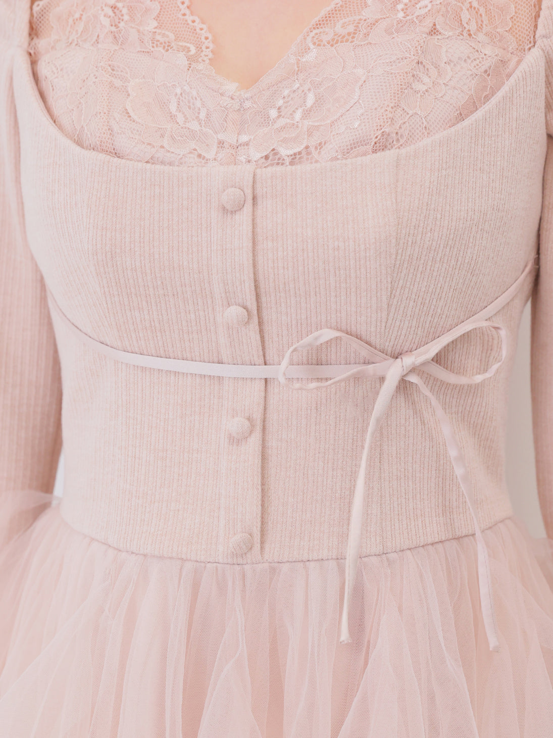Lace rib tulle docking mini onepiece(eme11116)