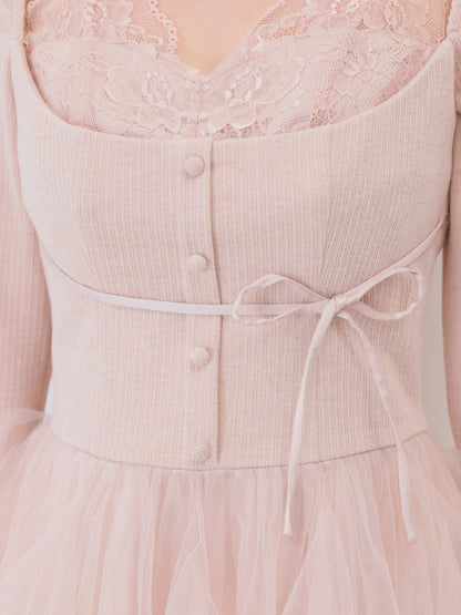 Lace rib tulle docking mini onepiece(eme11116)