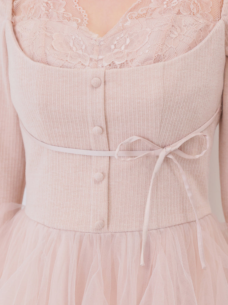 Lace rib tulle docking mini onepiece(eme11116)