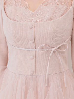 Lace rib tulle docking mini onepiece(eme11116)