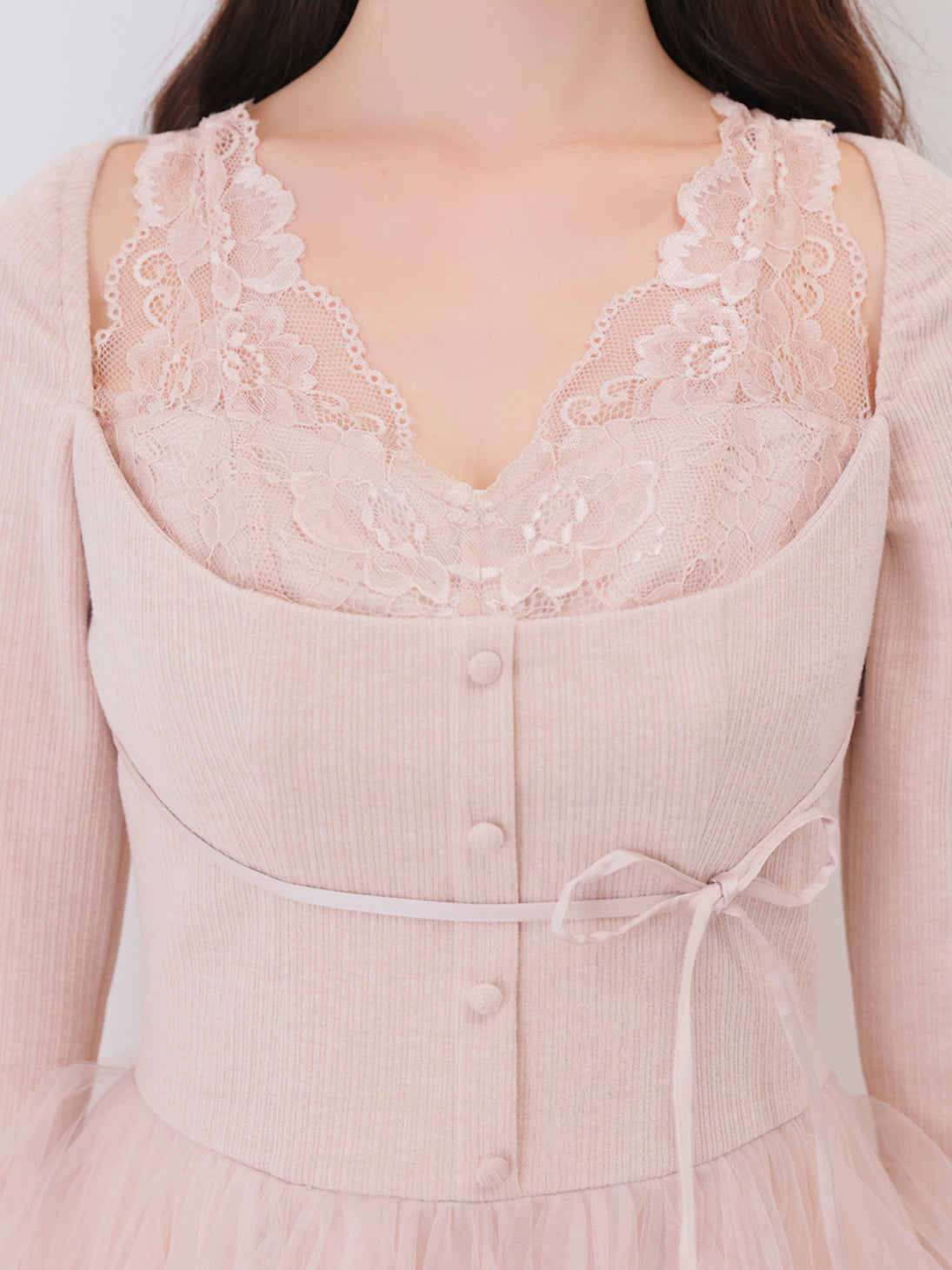 Lace rib tulle docking mini onepiece(eme11116)