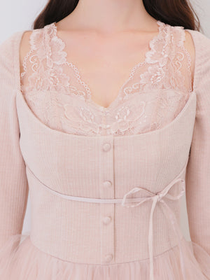 Lace rib tulle docking mini onepiece(eme11116)