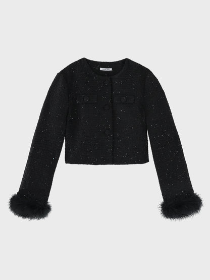 Fur trim collarless tweed jacket(eme11117)