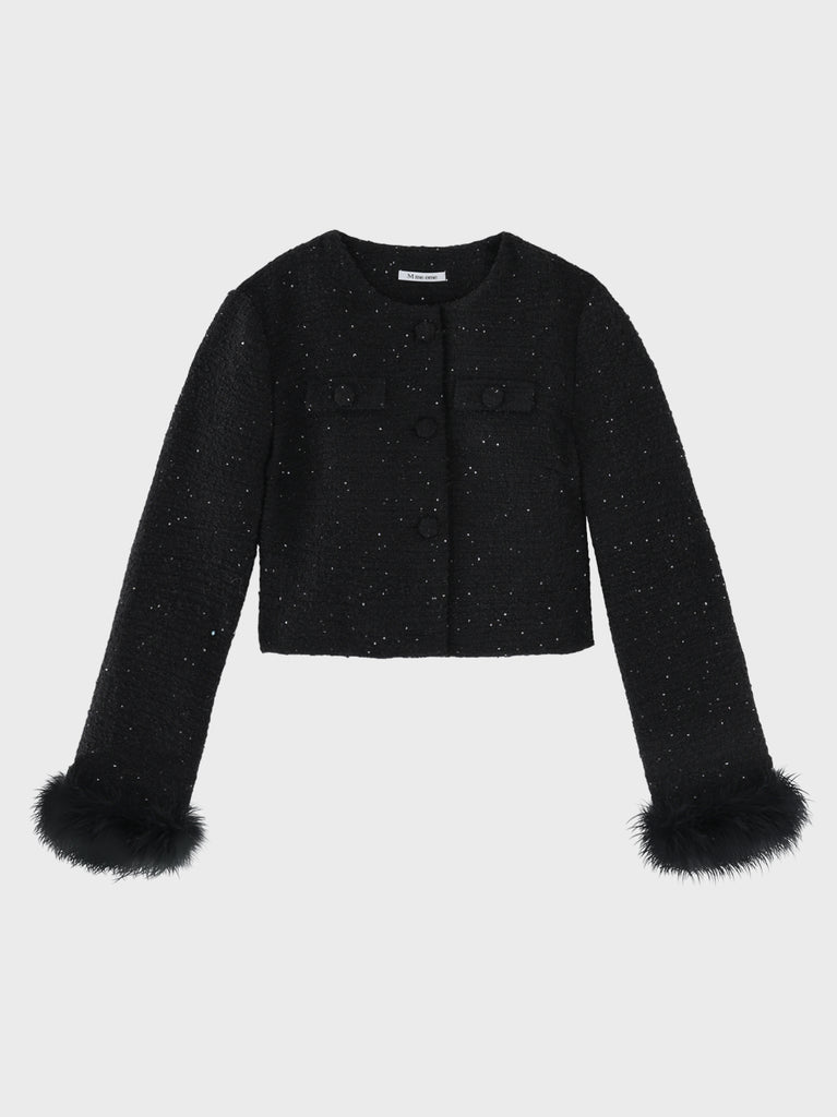 Fur trim collarless tweed jacket(eme11117)