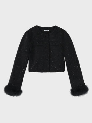 Fur trim collarless tweed jacket(eme11117)