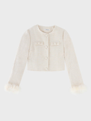 Fur trim collarless tweed jacket(eme11117)