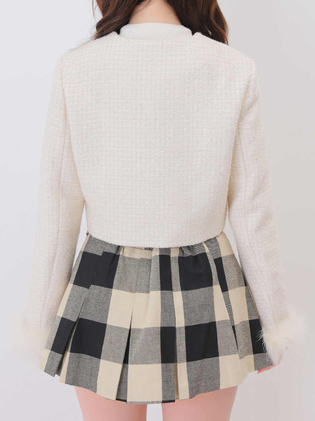 Fur trim collarless tweed jacket(eme11117)