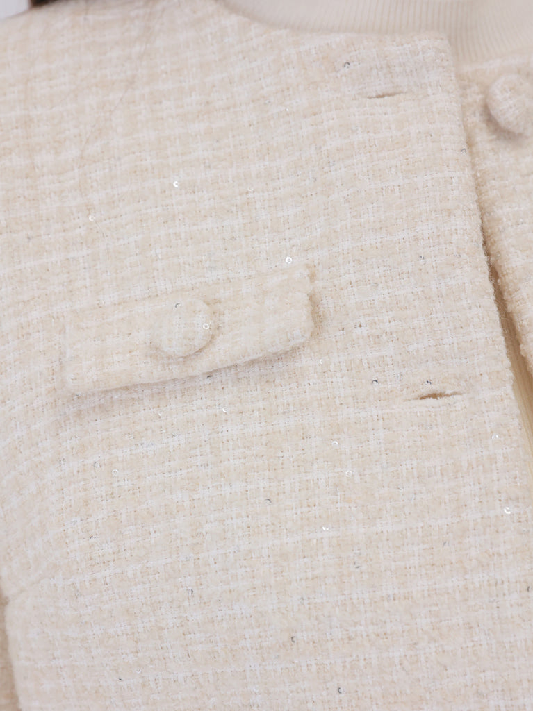 Fur trim collarless tweed jacket(eme11117)