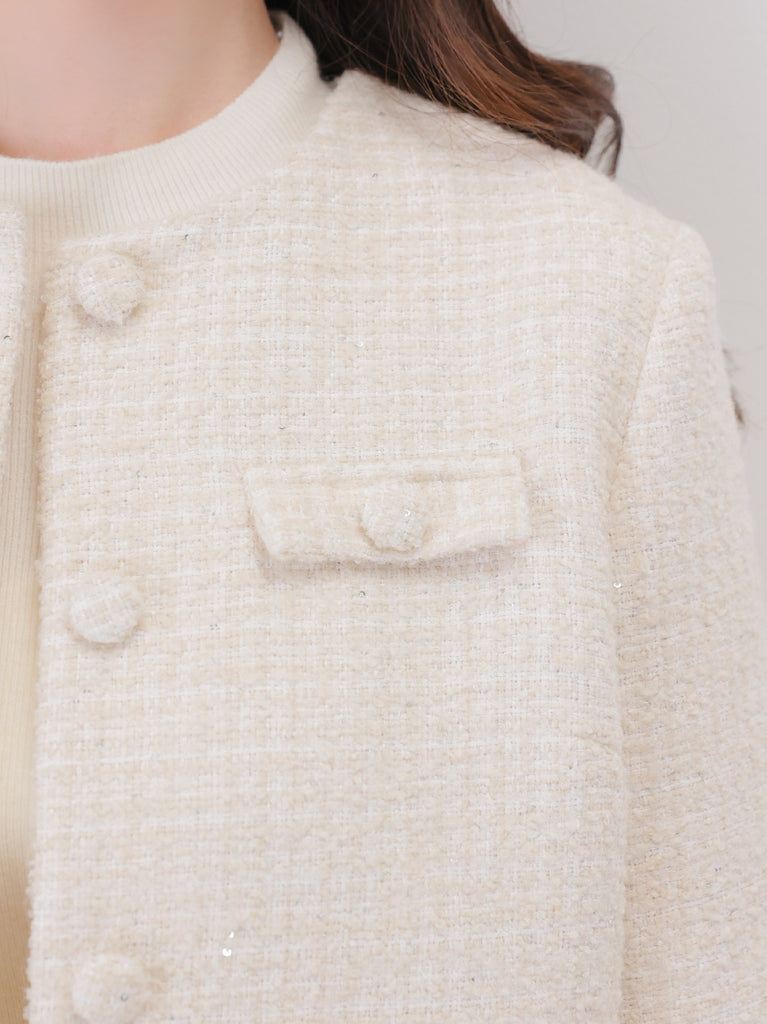 Fur trim collarless tweed jacket(eme11117)