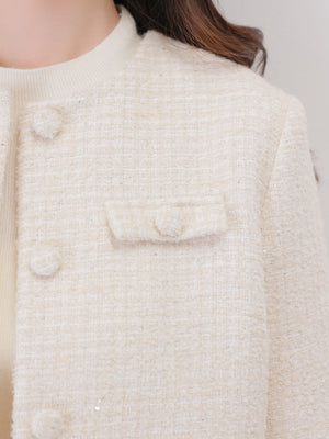 Fur trim collarless tweed jacket(eme11117)