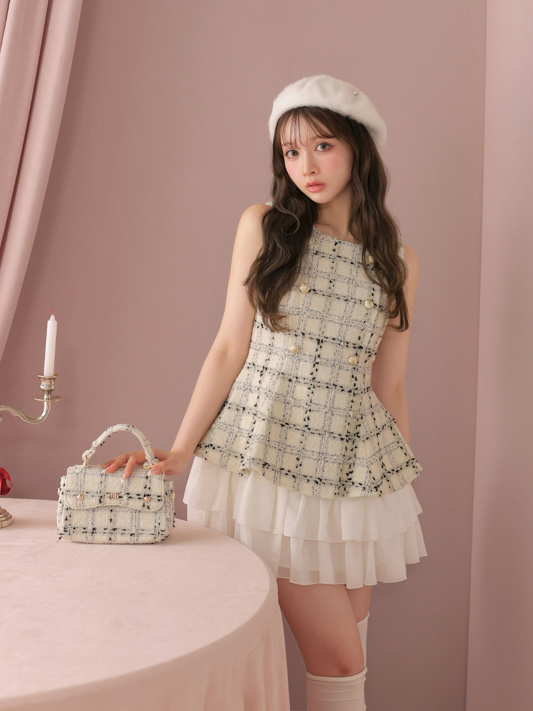 model：160cm　(size：F　color：White check)
