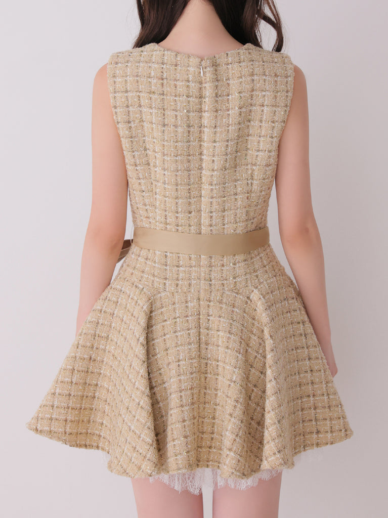 Lace hem tweed ribbon mini onepiece(eme11122)