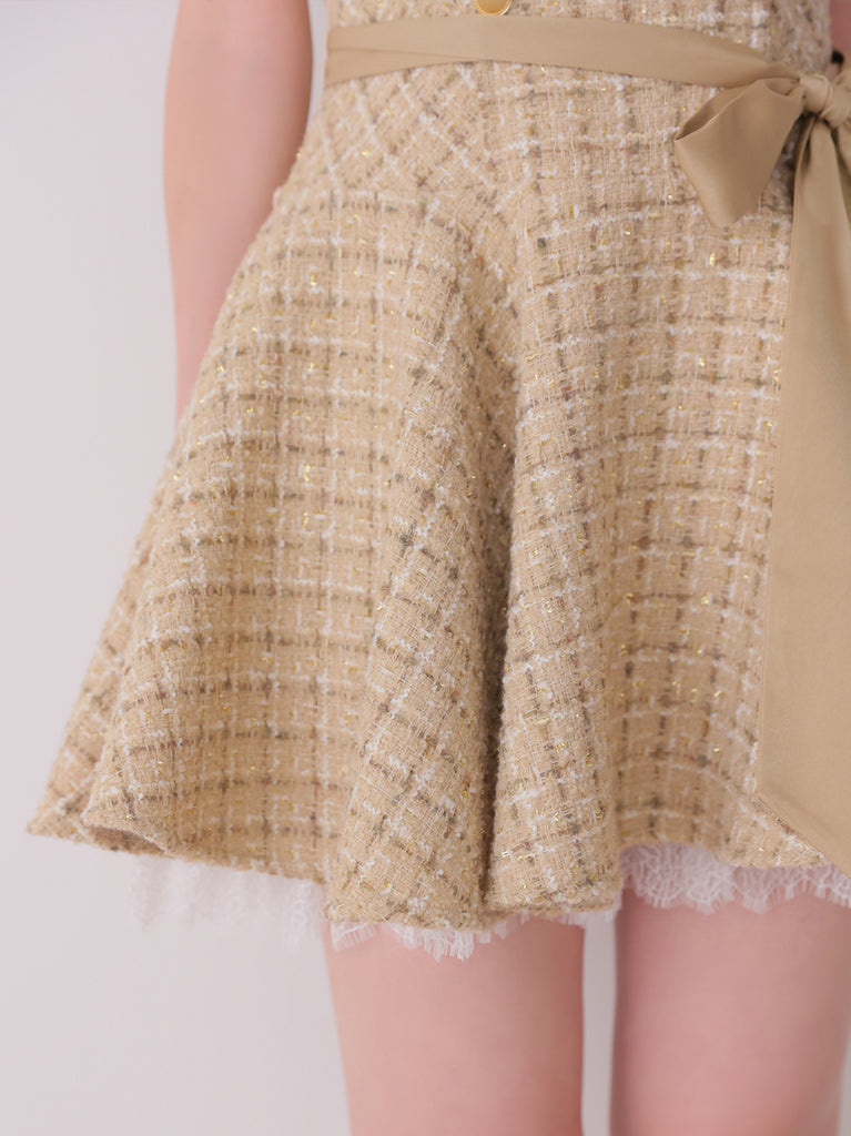 Lace hem tweed ribbon mini onepiece(eme11122)