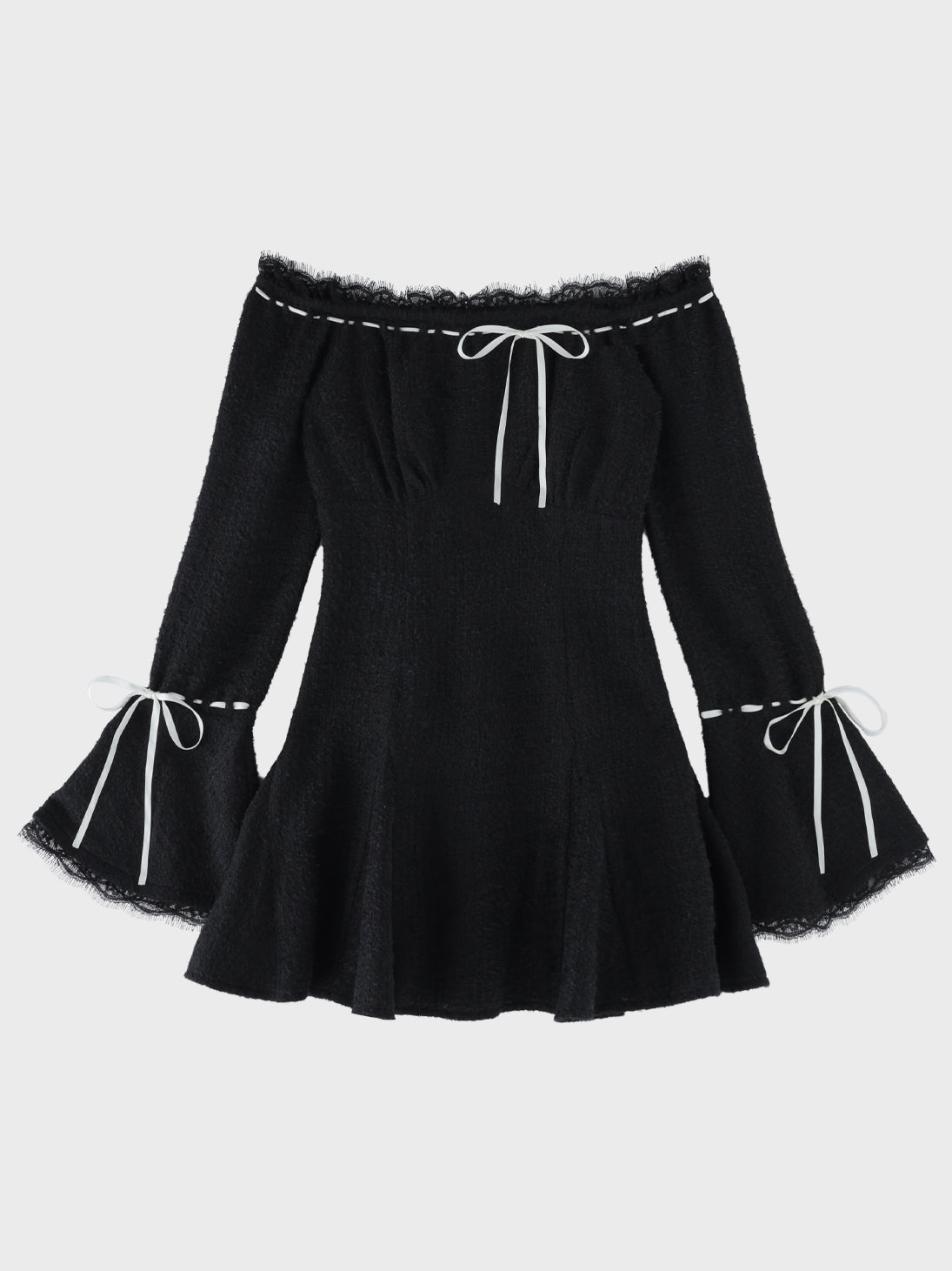 【Pre Order】Off shoulder ribbon feather knit mini onepiece(eme11123)