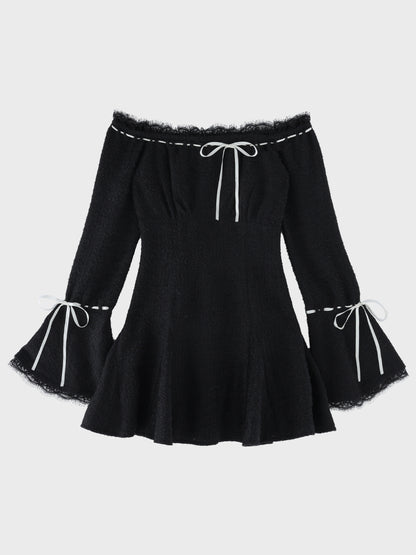 【Pre Order】Off shoulder ribbon feather knit mini onepiece(eme11123)