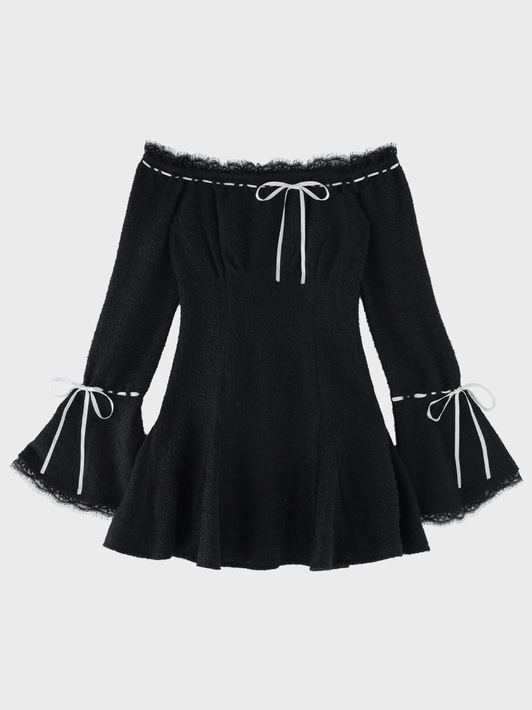 【Pre Order】Off shoulder ribbon feather knit mini onepiece(eme11123)