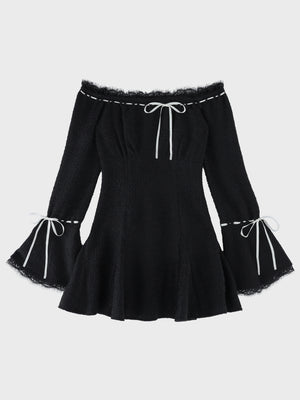 【Pre Order】Off shoulder ribbon feather knit mini onepiece(eme11123)