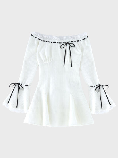【Pre Order】Off shoulder ribbon feather knit mini onepiece(eme11123)