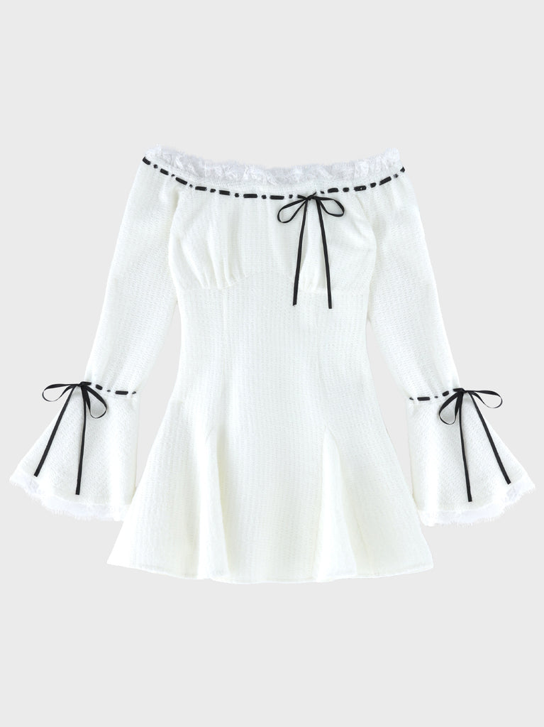 【Pre Order】Off shoulder ribbon feather knit mini onepiece(eme11123)