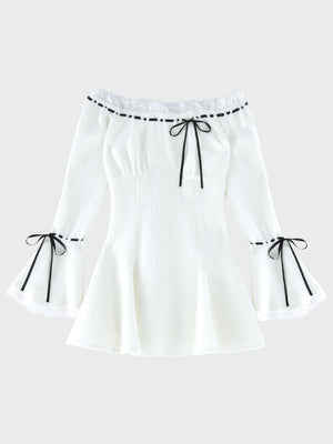 【Pre Order】Off shoulder ribbon feather knit mini onepiece(eme11123)