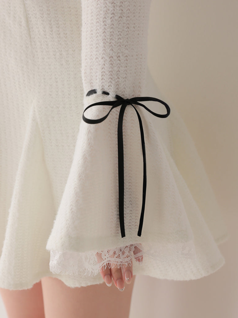 【Pre Order】Off shoulder ribbon feather knit mini onepiece(eme11123)