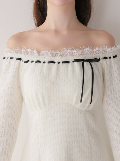 【Pre Order】Off shoulder ribbon feather knit mini onepiece(eme11123)