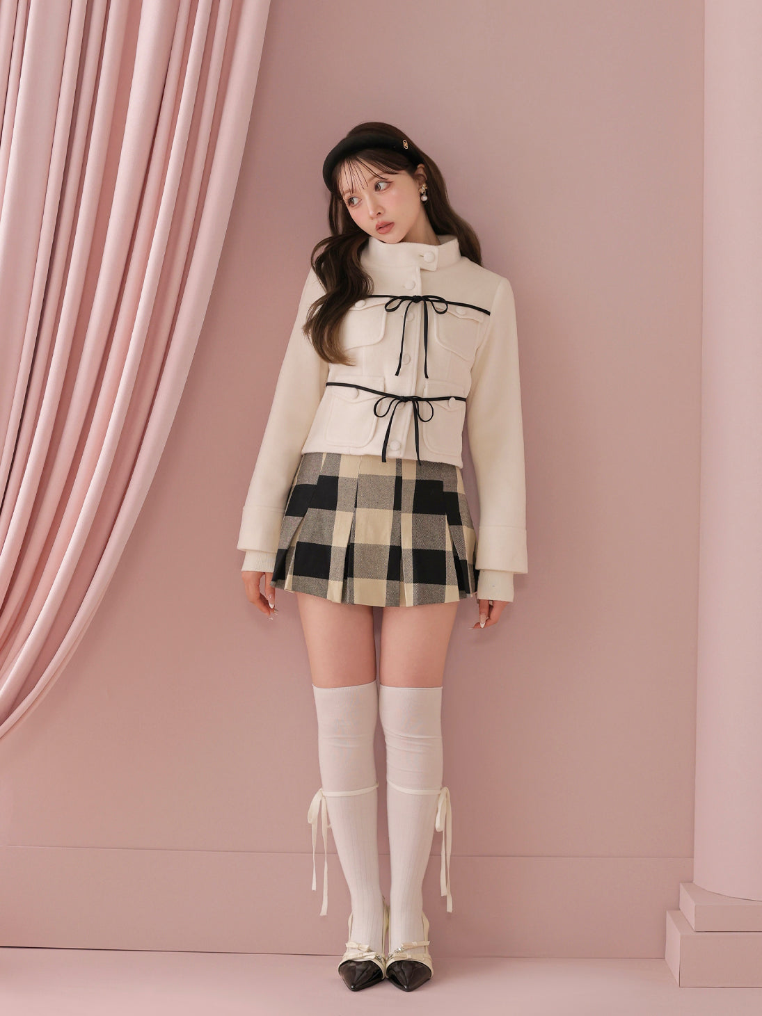 model：160cm　(size：F　color：Beige black)