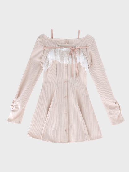 Lace frill rib knit mini onepiece(eme11141)